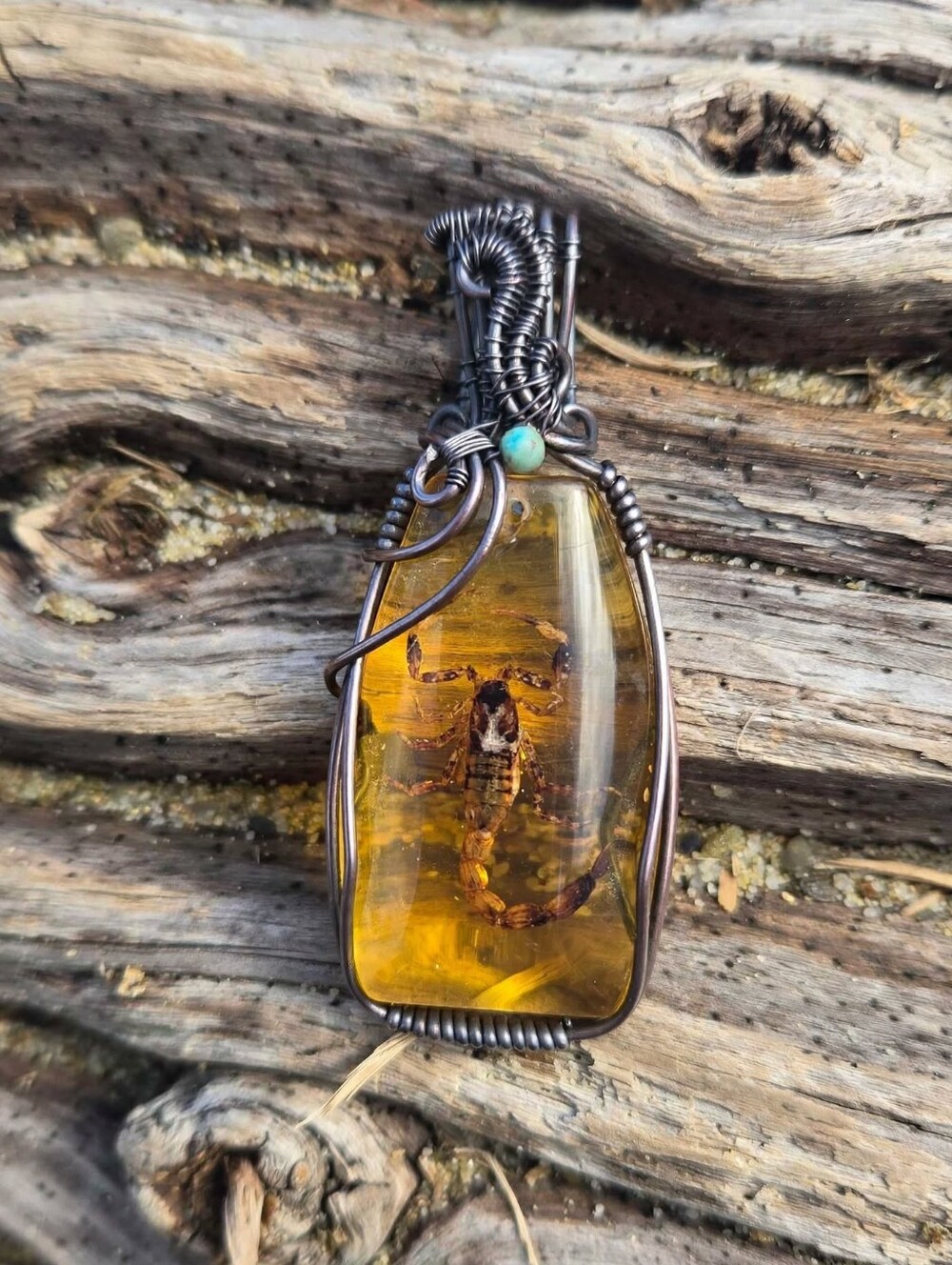 Scorpion In Resin Copper Wire Wrap Pendant